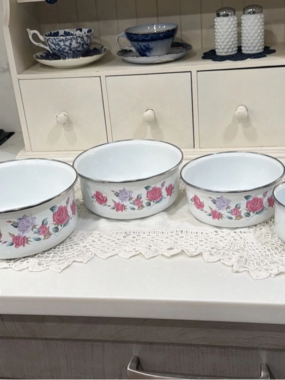 Vintage Floral Enamel Bowls - White with Pink & Lavender Roses